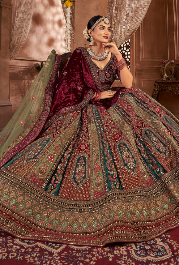 Maroon and Green Bridal Lehenga