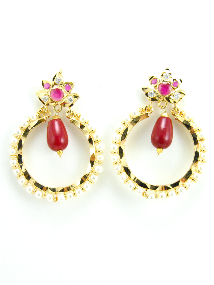 Leaf Chakra earrings with Ruby bead drops - Desi Royale