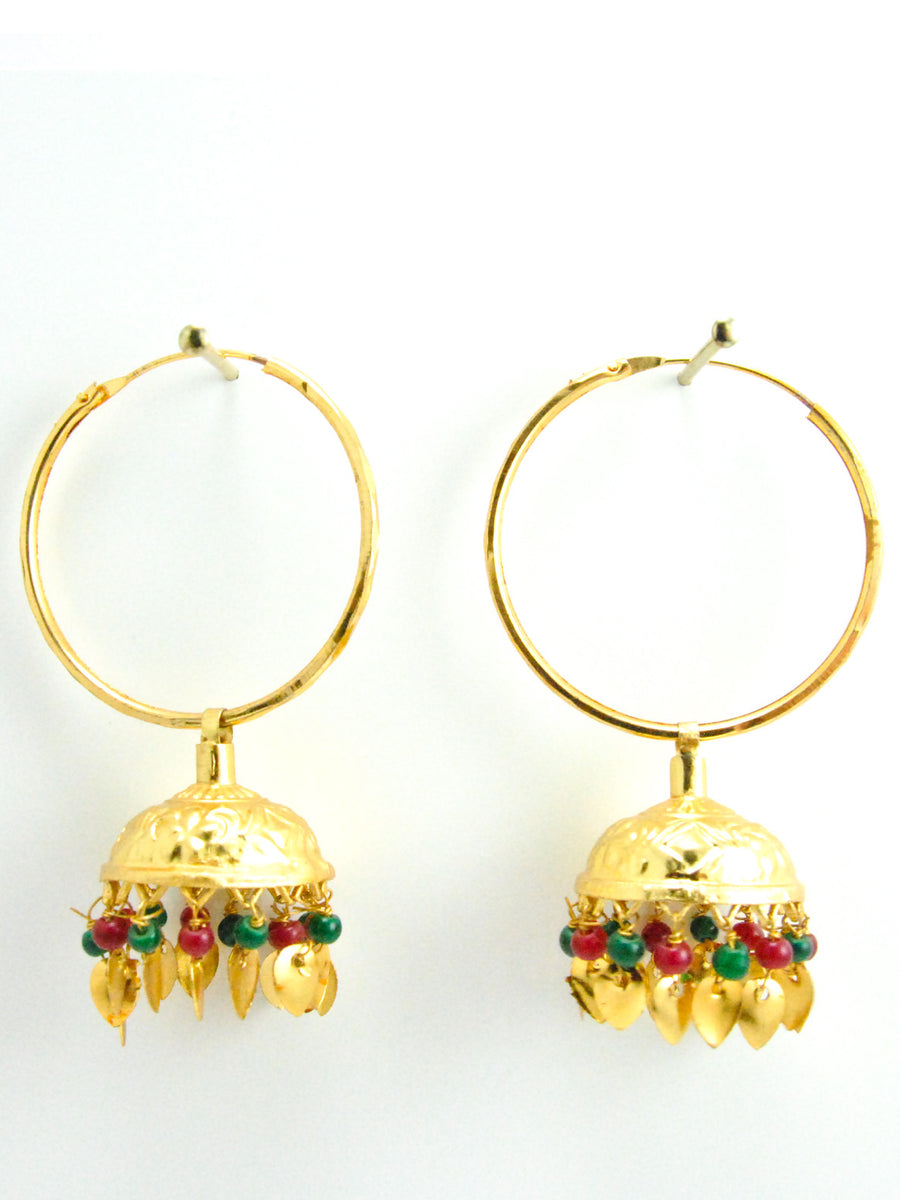 Desi Jhumka earrings with Multicolored beads and Gold Leaves - Desi Royale