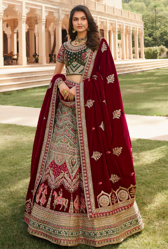 Maroon and deals green bridal lehenga