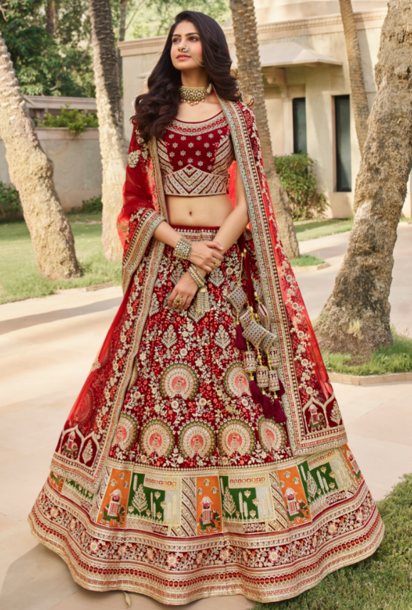 Red and 2025 cream bridal lehenga
