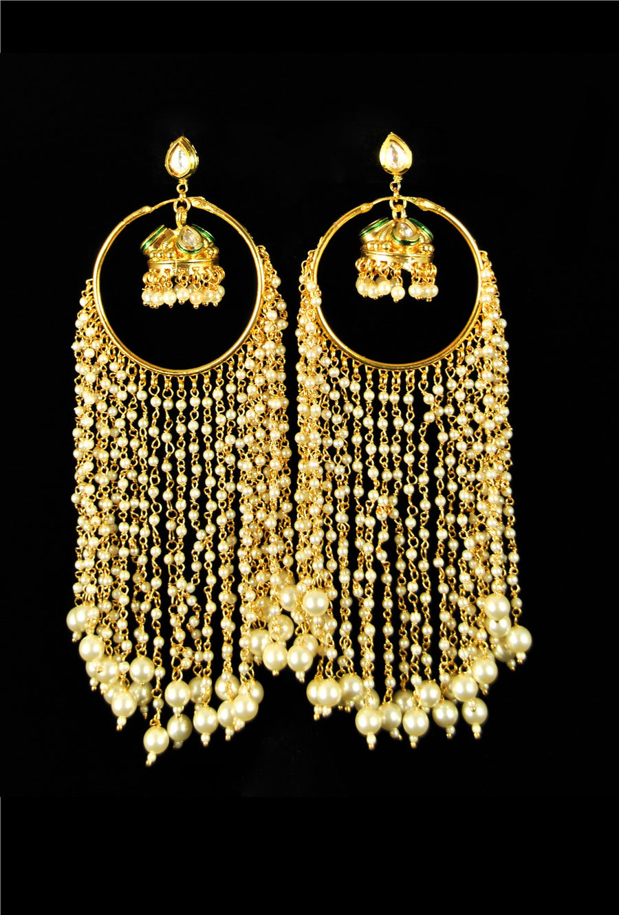 Beautiful chain fall kundan earrings with pearl drops - Desi Royale