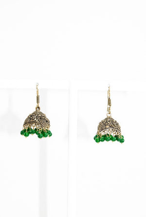 Gold metal earrings with green beads - Desi Royale