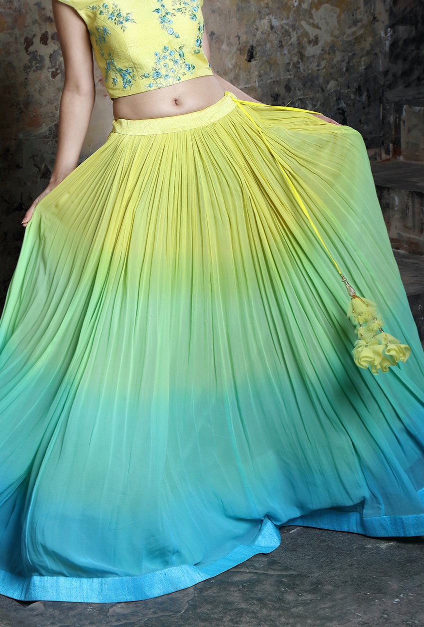Shaded Yellow And Turquoise  Designer Lehenga Set - Desi Royale