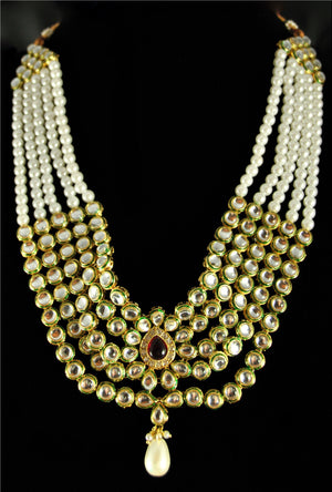 Elegant pearl and kundan necklace set with pearl drop - Desi Royale