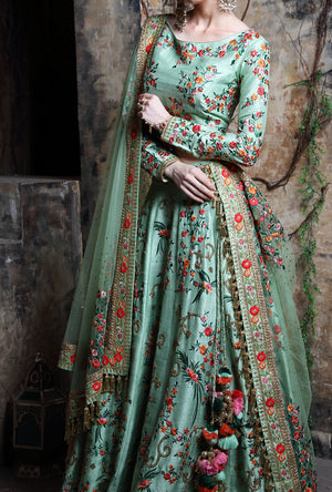 Pista Green Embroidered Bridal Lehenga - Desi Royale
