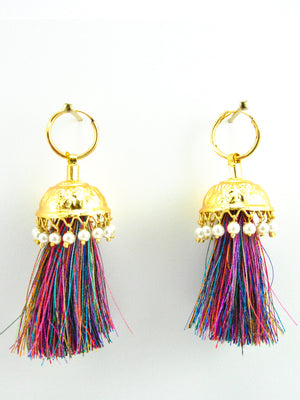 Flamingo Jhumka earrings with White pearls & Multicolored threads - Desi Royale