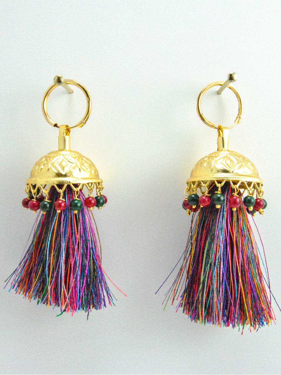 Flamingo Jhumka earrings with Multicolored beads & threads - Desi Royale
