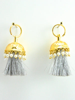 Flamingo Jhumka earrings with Faux Pearls and Silver threads - Desi Royale