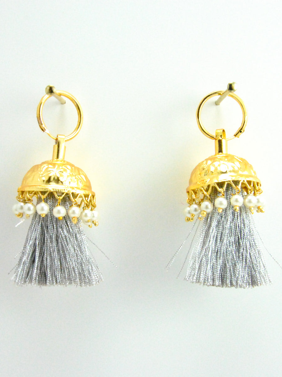 Flamingo Jhumka earrings with Faux Pearls and Silver threads - Desi Royale