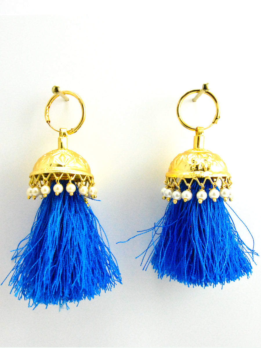 Flamingo Jhumka earrings with Faux Pearls and Blue threads - Desi Royale