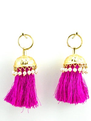 Flamingo Jhumka earrings with Faux Pearls and Hot Pink threads - Desi Royale