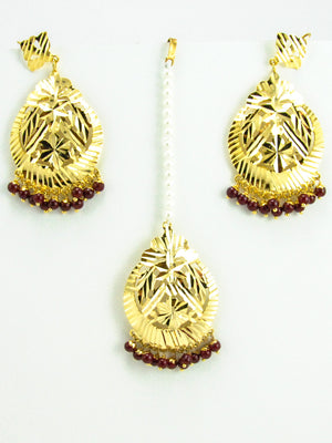 Flower Earrings and Mang Tikka Set with Maroon Beads - Desi Royale