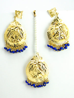 Flower Earrings and Mang Tikka Set with Blue beads - Desi Royale