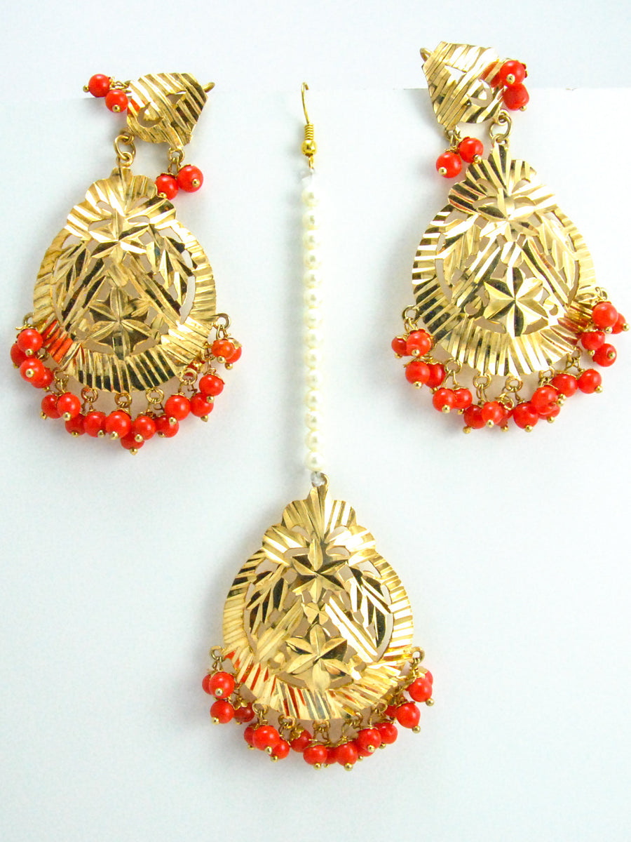 Flower Earrings and Mang Tikka Set with Orange beads - Desi Royale