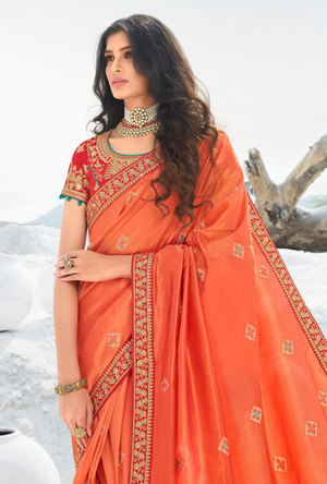 Peach and Red Designer Saree