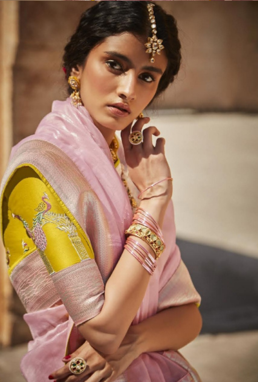 Pink and yellow Designer Saree