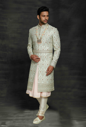 Aqua and Cream Mens Sherwani