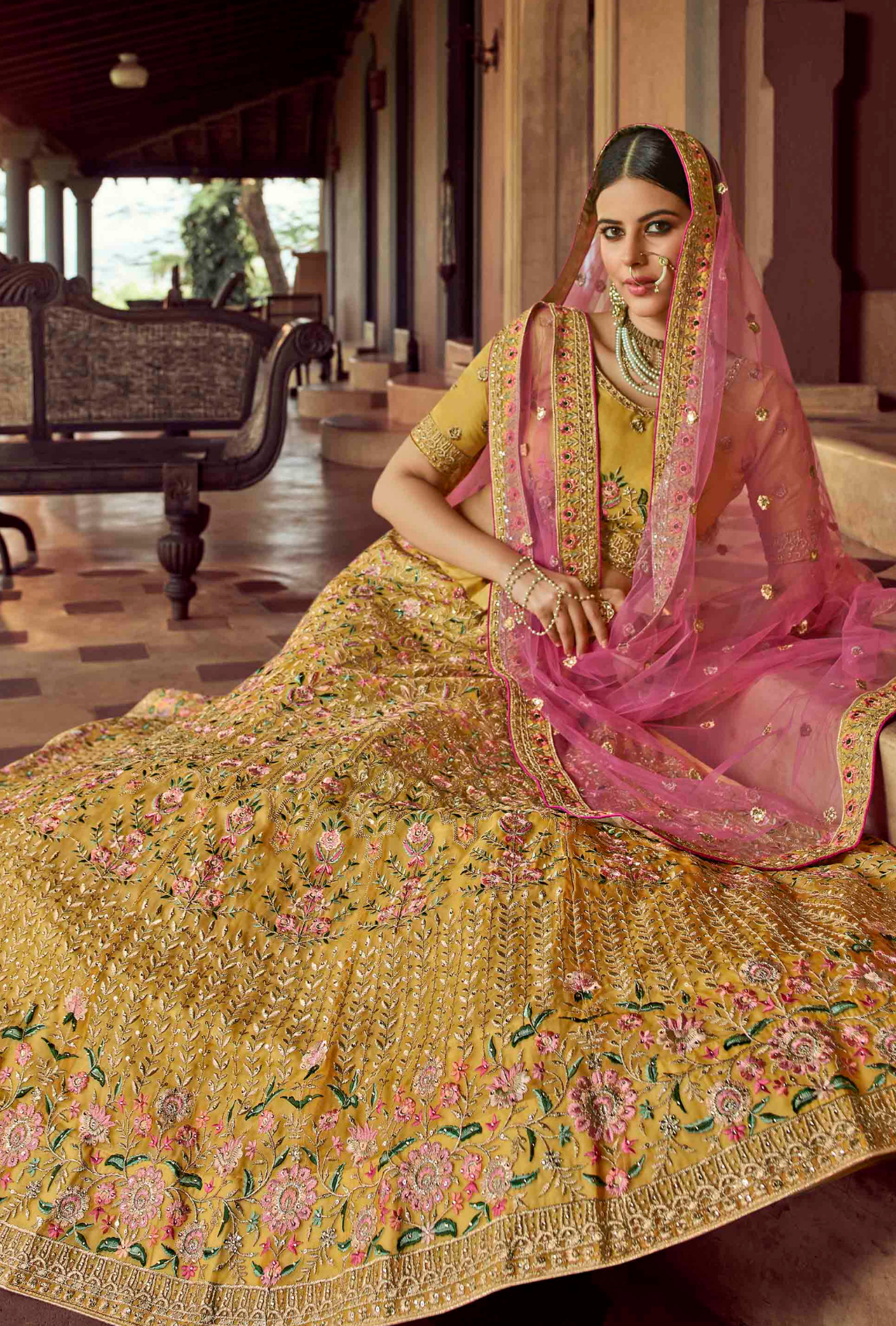 IN THE CLOUDS - MUSTARD YELLOW AND PINK EMBELLISHED HALF LEHENGA SET