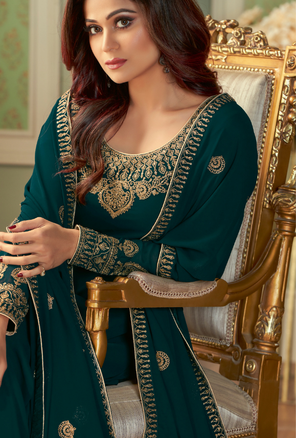 Pine Green Party Wear Semi-Stitched Palazzo Suit With Designer Jari Embroidery Work main image 1