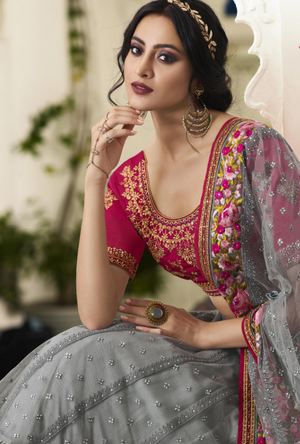 Grey and Pink Lehenga Choli - Desi Royale