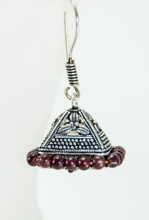 Black metal earrings with maroon beads - Desi Royale