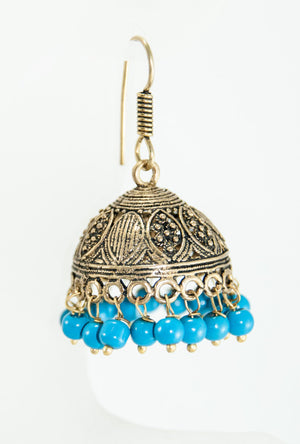 Gold earrings with turquoise blue beads - Desi Royale