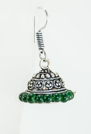 Black metal earrings with dark green beads - Desi Royale