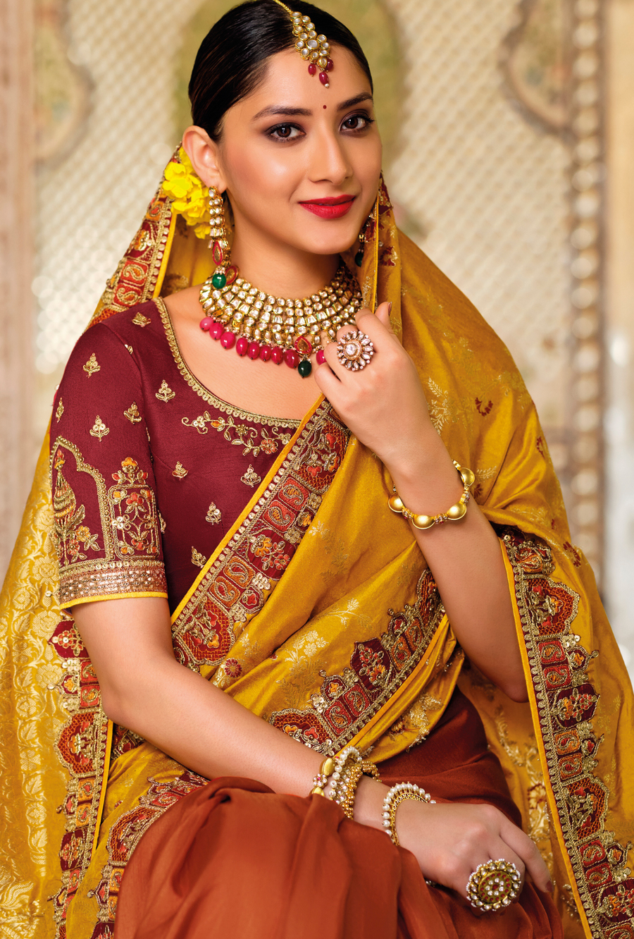 Mustard and Brown Designer Saree