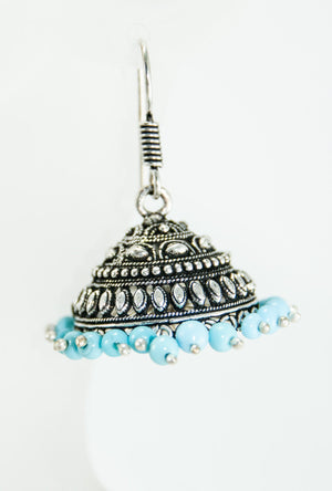 Black metal dome earrings with turquoise blue beads - Desi Royale