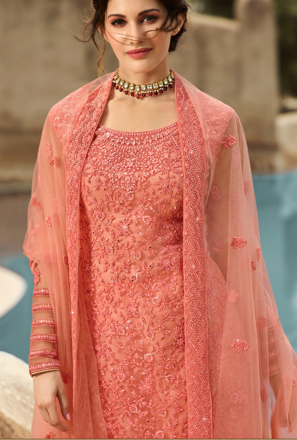 Peach Color Georgette With HeavyEmbroidery Work Straghit Sharara Suit –  Joshindia