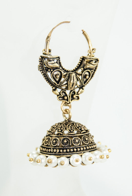 Jhumka gold metal earrings with pearls - Desi Royale