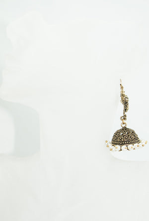 Jhumka gold metal earrings with pearls - Desi Royale