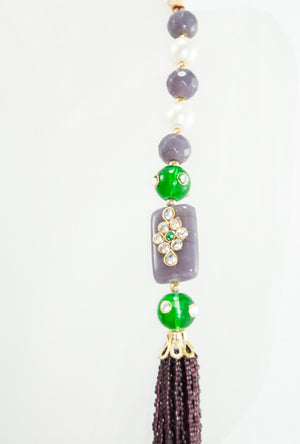 Imperial Necklace With Emerald,Purple And Pearl Beads - Desi Royale