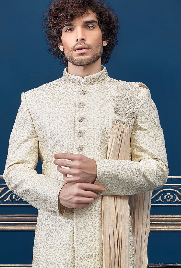 Cream and off white Mens Sherwani