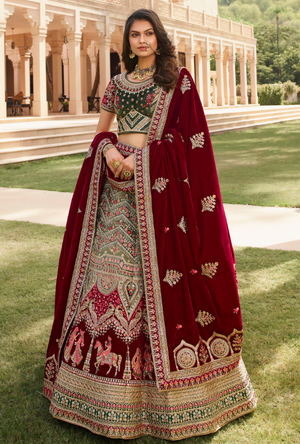 Sage Green and Maroon Bridal Lehenga Choli