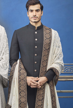 Black and off white Mens Sherwani