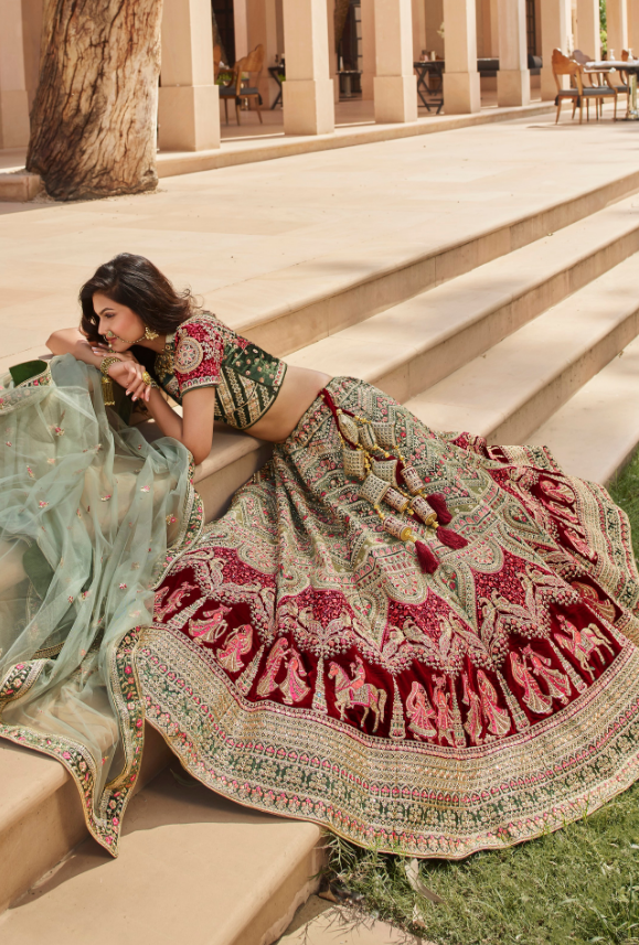 Deep Maroon Bridal Lehenga With Hand Emroidered Peacock Motifs And Two  Dupattas