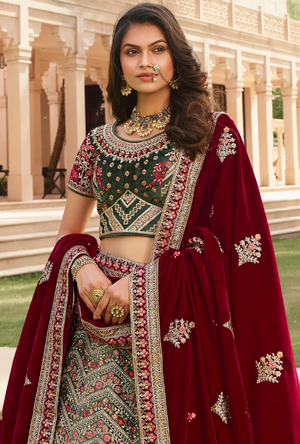 Sage Green and Maroon Bridal Lehenga Choli