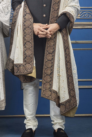 Black and off white Mens Sherwani