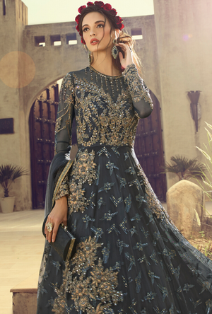 Charcoal Grey party wear gown - Desi Royale