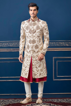 Cream and off white Mens Sherwani