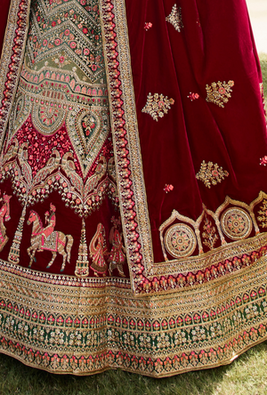 Sage Green and Maroon Bridal Lehenga Choli