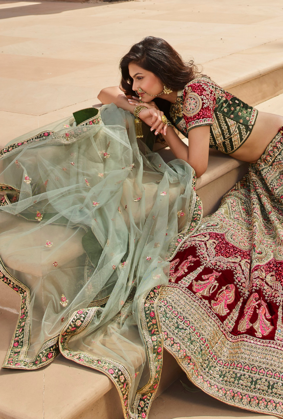 Sage Green and Maroon Bridal Lehenga Choli