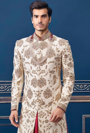 Cream and off white Mens Sherwani