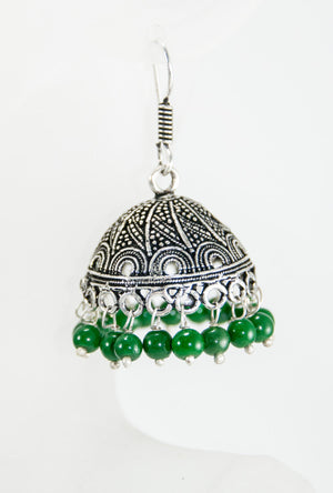 Black Metal umbrella Earrings with green beads - Desi Royale