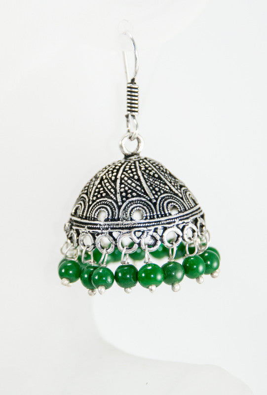 Black Metal umbrella Earrings with green beads - Desi Royale