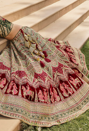 Sage Green and Maroon Bridal Lehenga Choli