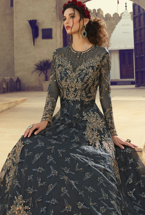 Charcoal Grey party wear gown - Desi Royale