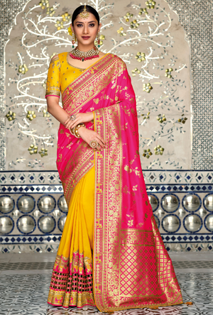 Yellow and Pink Designer Saree